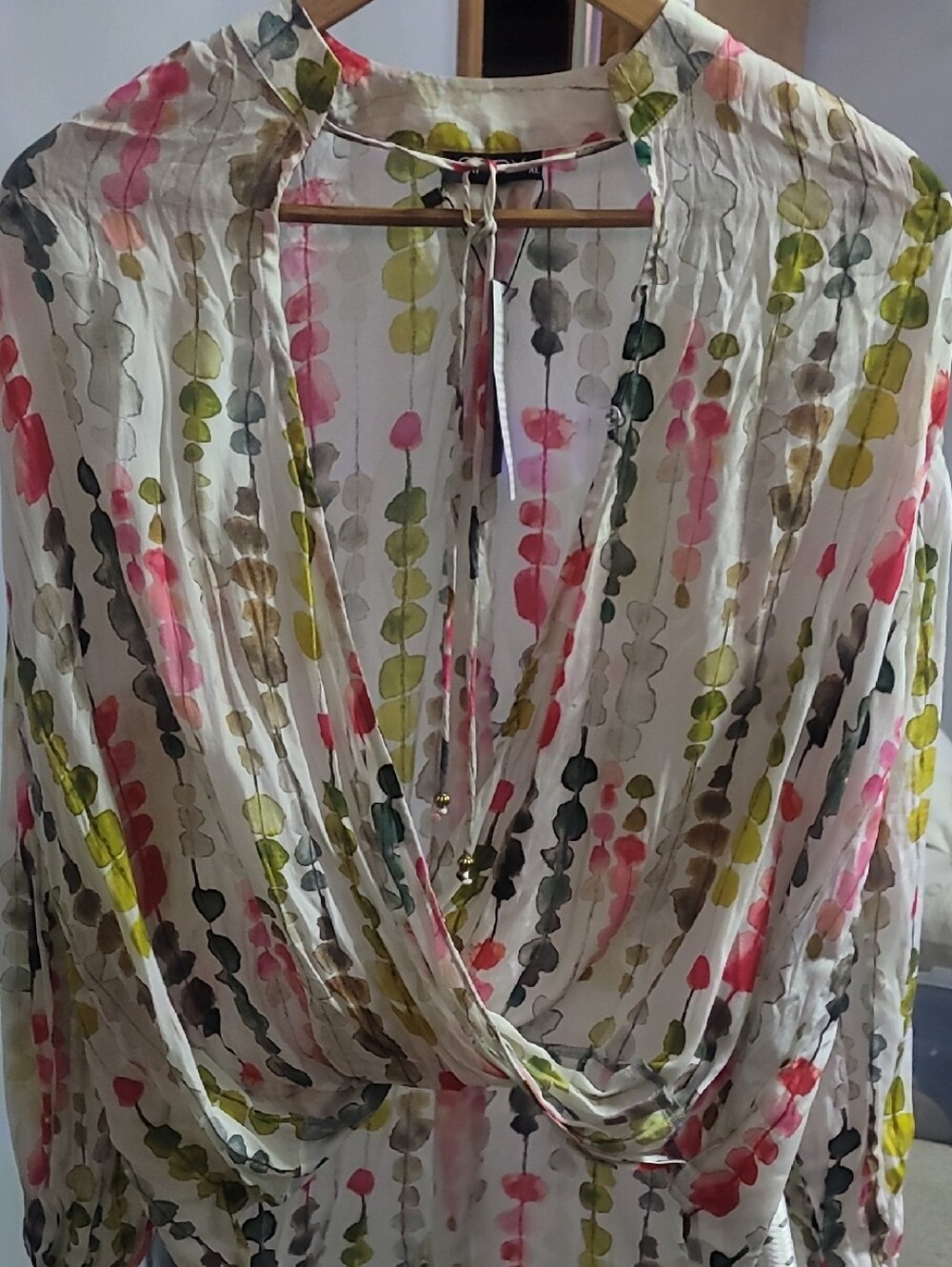 APNY Watercolor Leaf Print Lightweight Blouse - White with Red & Green